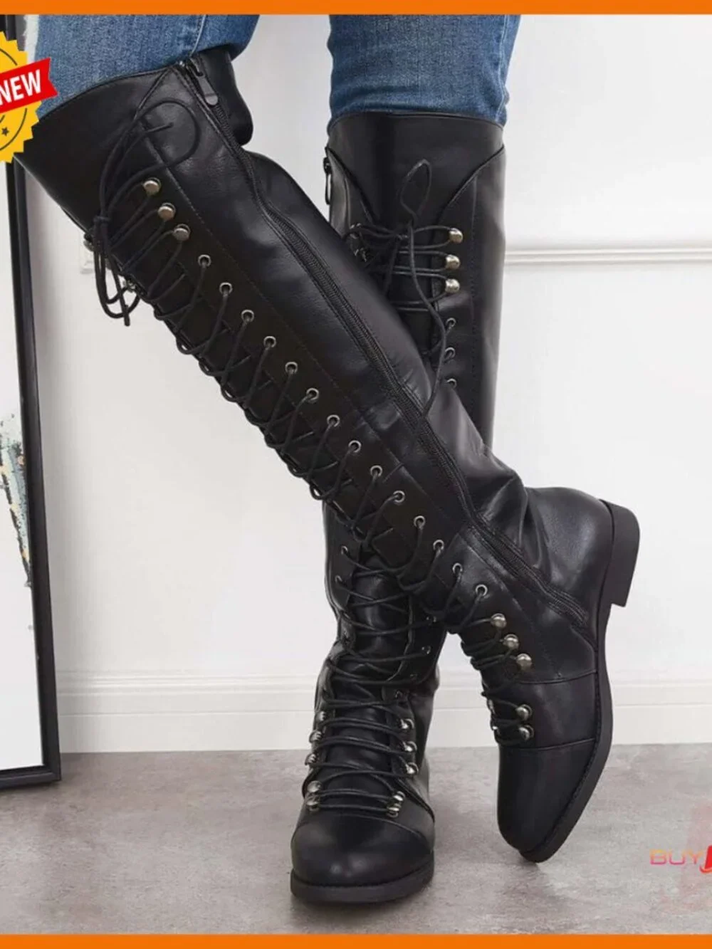 Over The Knee Flat Boots Lace-Up Riding Boots Synthetic Leather
